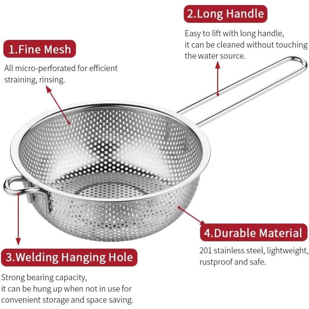 Stainless Steel Colander Fine Mesh Colander with Long Handle, Kitchen Metal Food Strainers with Resting Feet for Strain, Rinse,