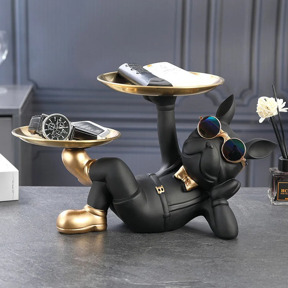 Resin Dog Statue Decor Creative Cute with 2 Tray French Bulldog Sculpture Birthday Gifts Bottom Anti-slip for Home Office Wallet