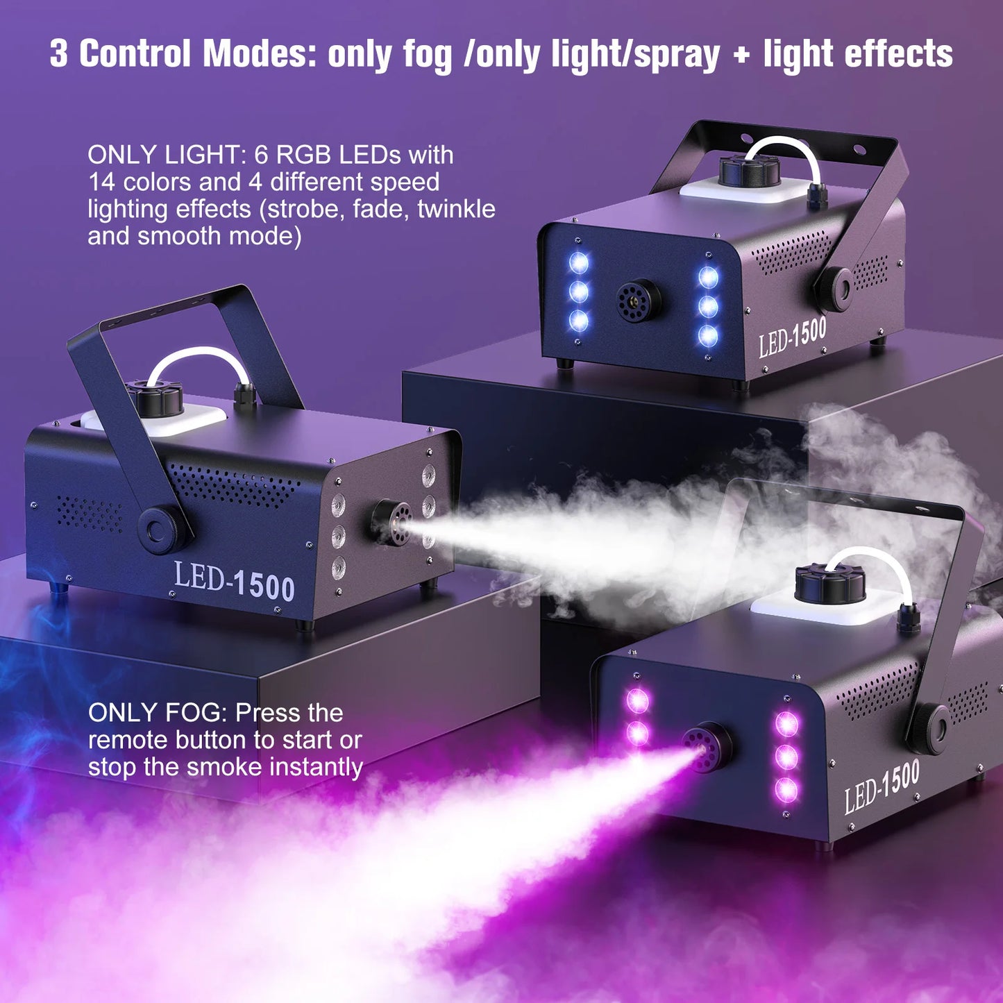 U'King 1500W Smoke Machine RGB 6 LED Fog Machine with Remote Control for DJ Disco Party Nightclub Stage Effect Fogger Machine
