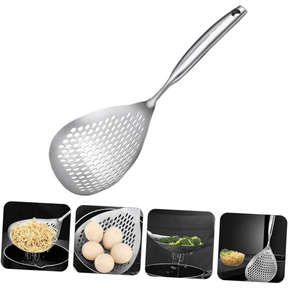 Large 304 Stainless Steel Noodle Colander Spoon Sturdy Kitchen Strainer Comfortable Grip for Home Cooking and Noodle Preparatio