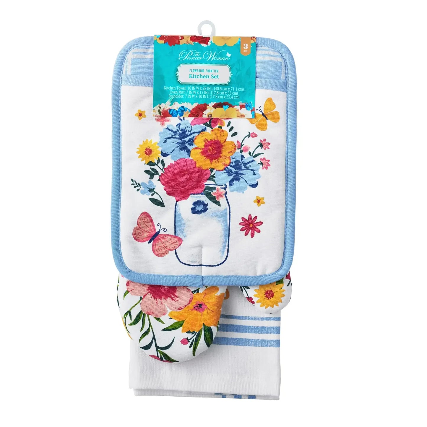The Pioneer Woman Flowering Frontier Kitchen Towel, Oven Mitt & Pot Holder Set, Multicolor, 3 Pieces