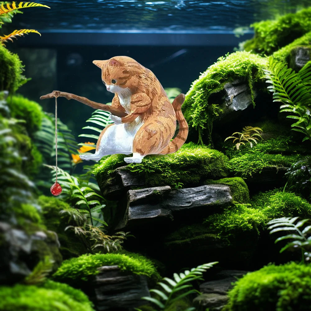 7PCS Cute Fishing Cats Ornament Mini Cat Sitting Figurines Cartoon Fish Landscaping Fish Tank Miniatures Home Decoration Crafts
