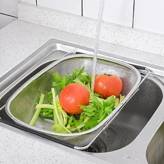 Over the Sink Colander Strainer Basket Stainless Steel, For Kitchen Sink with Rubber Non-slip Grip, Fine Mesh, Kitchen Multipurp