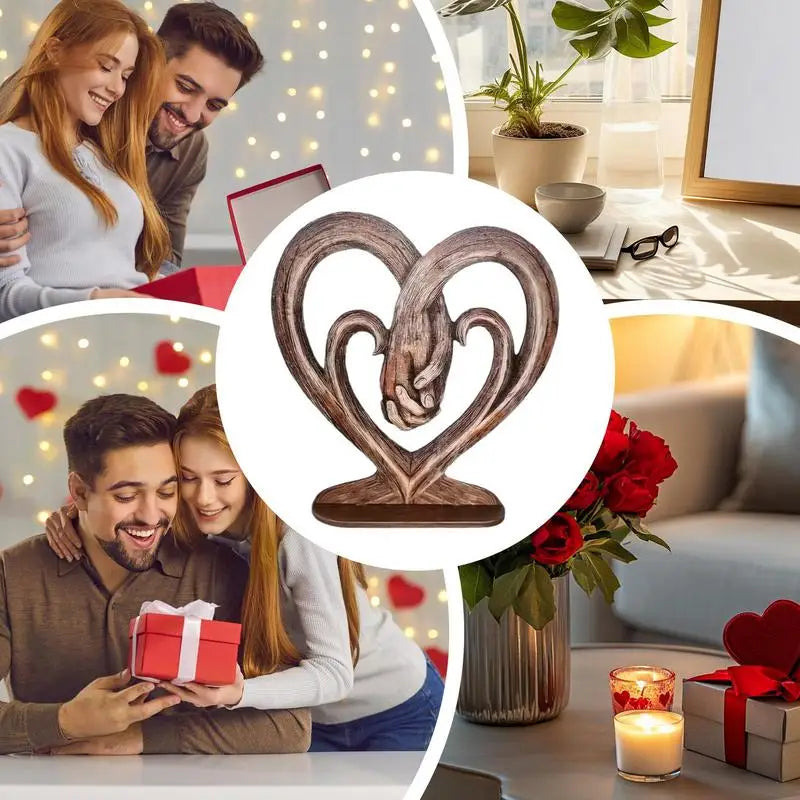 Valentines Day Gift Heart Holding Hands Art Sculpture Desk Decoration Wooden Retro Flat Heart Holding Hands Statue Forever Love