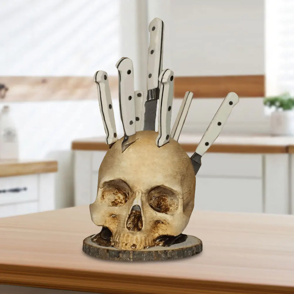 Skull Knife Holder Resin Fruit Chopping Knife Stand Creative Horror Skull Knife Rack Halloween Party Decoration