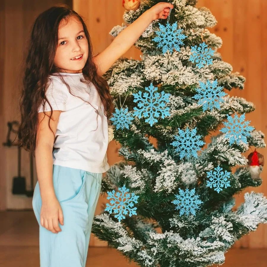36pcs Christmas Light Blue Snowflake Ornaments Plastic Glitter Snow Flakes Ornaments for Winter Christmas Tree Decorations Size