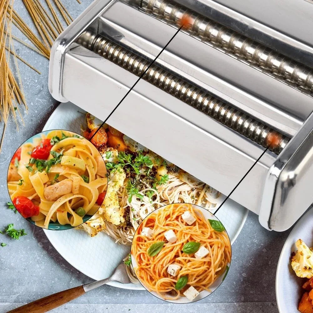 Stainless Steel Pasta Maker Machine Adjustable Noodle Dumpling Press with Two Cutters Multifunctional Kitchen Appliance