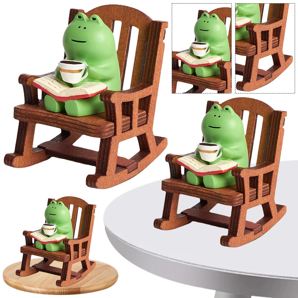 Cute Mini Frog Resin Figurine Cute Healing Small Decoration Rocking Chair Design with Book Coffee Home Office Decor Car Ornament