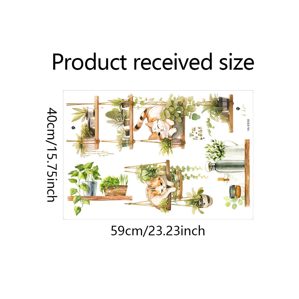 1pcs Painted Cat Green Plant Pot Home Background Wall Decoration Wall Stickers Self-Adhesive