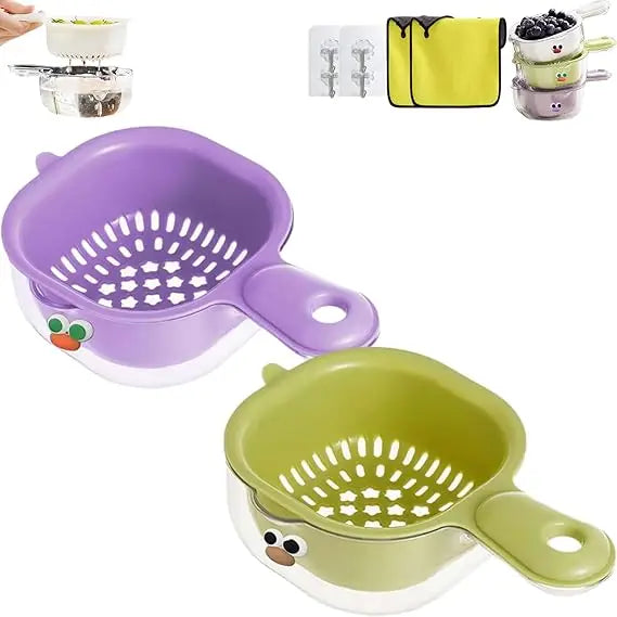 Kitchen Dual-Layer Draining Basket with Handle, Upgraded Fruit Vegetable Washing Bowl with Strainer Container, Multipurpose Port