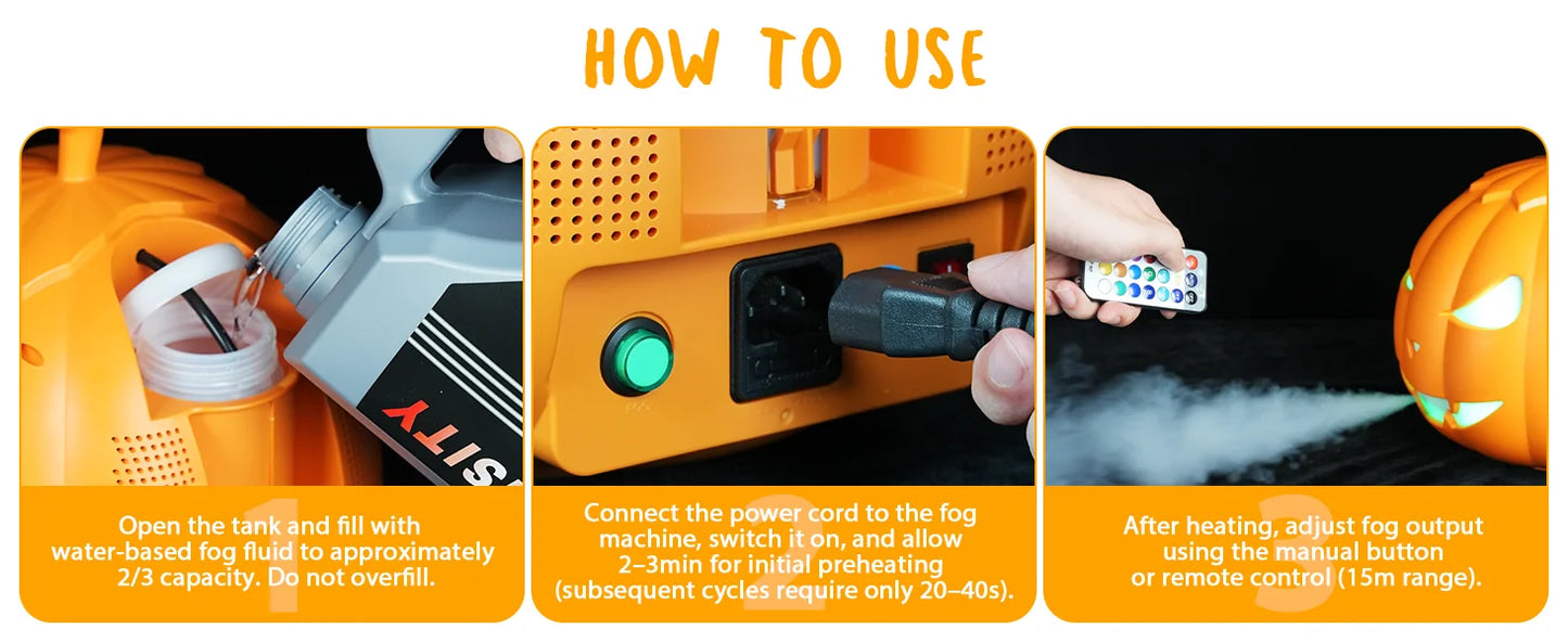 U'King 600W Pumpkin Fog Machine 12 Color RGB 6LED Lighting Effect Smoke Machine Remote for DJ Show Club Halloween Maker Fogger