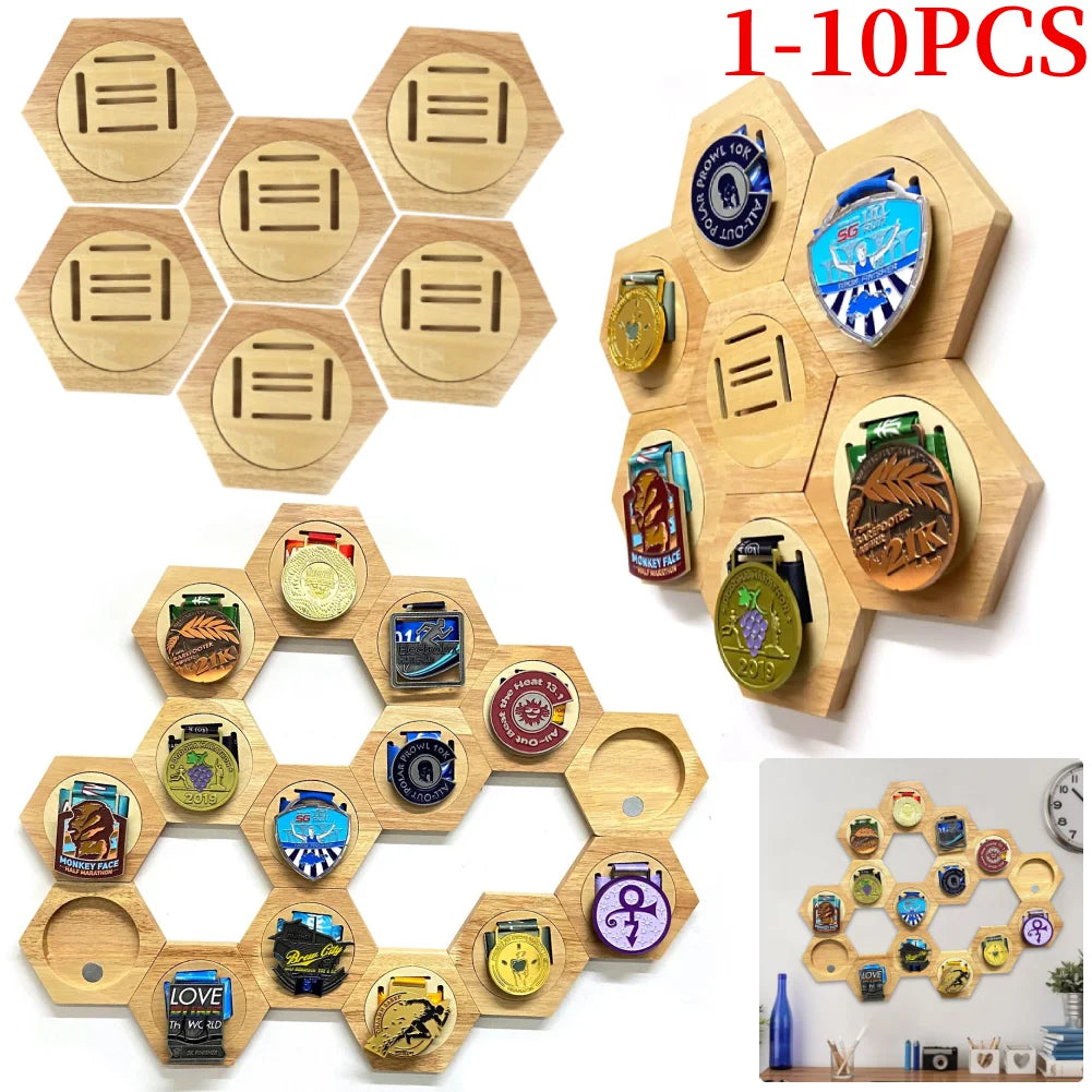 1-10PCS Honeycomb Combination Medal Display Stand Building Block Toys Hexagonal Wood Medal Rack Creative Splicing Wall Decor