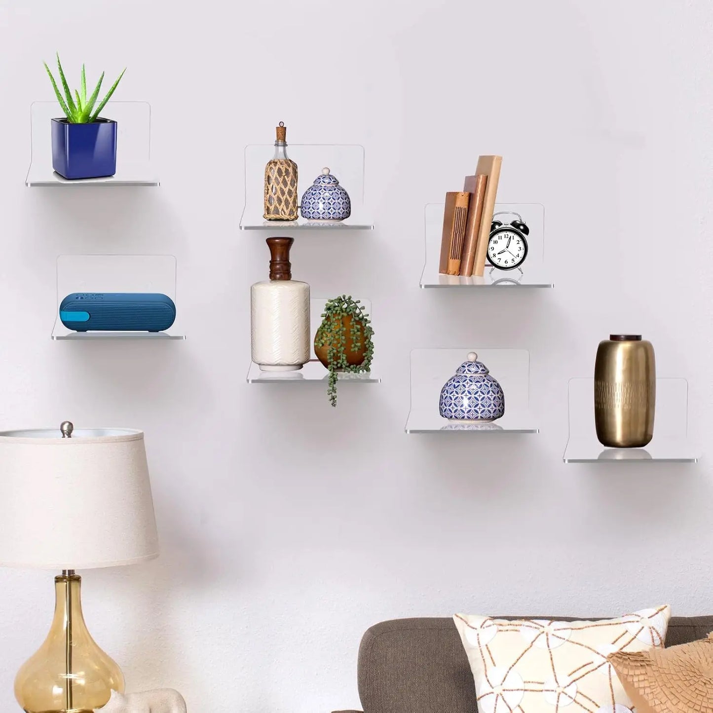 4 Pack Small Wall Shelf, 4'' Acrylic Wall Shelves Display Ledges for Storage & Decoration, Small Floating Shelf for Wall with 2