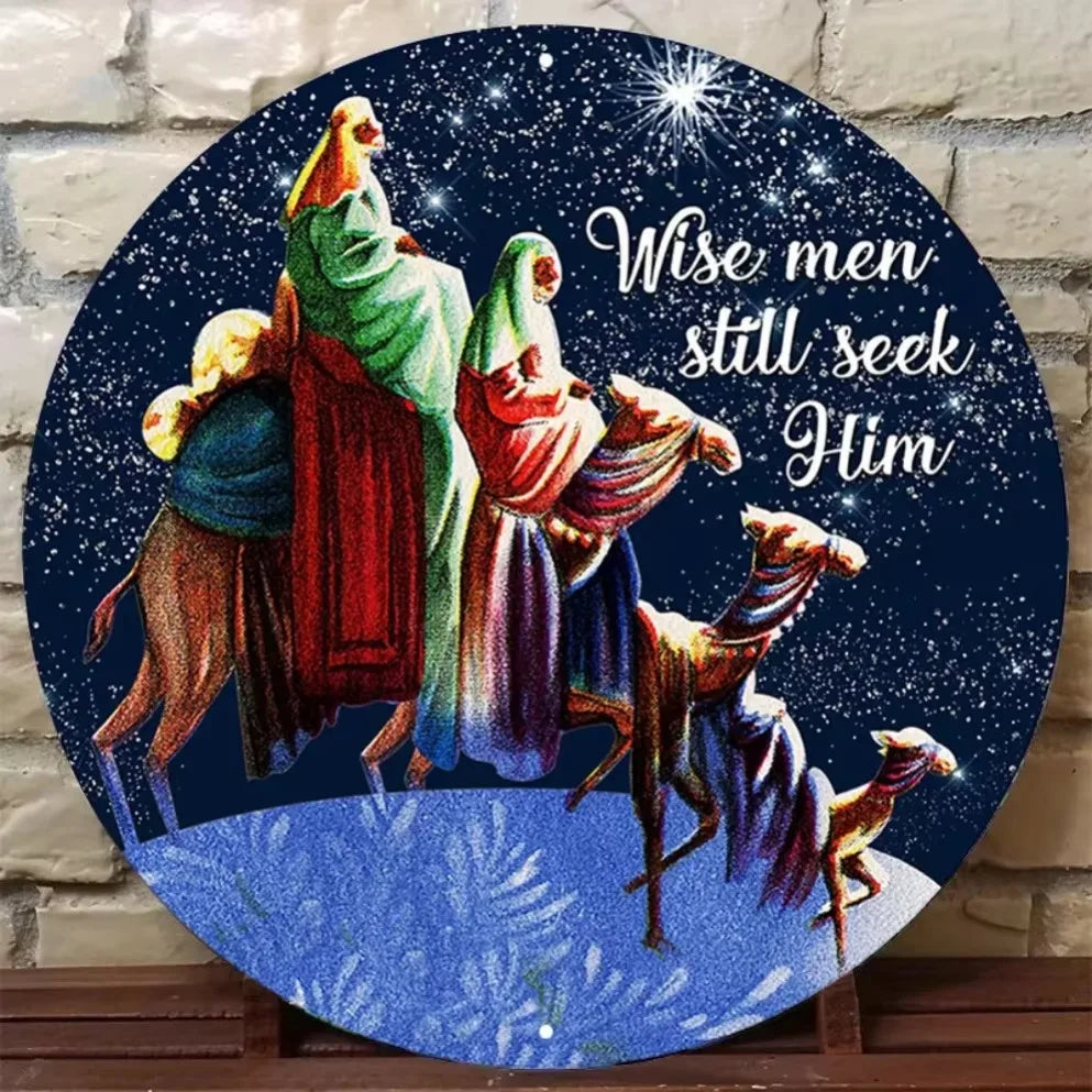 1PC Round Nativity Scene Metal Wall Art -2D "Wise Men Still Seek Him"Vintage Religious Sign|Retro Holiday Plaque for Home,Church