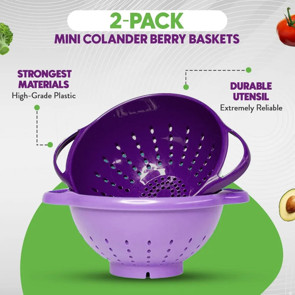 2-Piece Mini Colander Berry Baskets With Handles - Food Strainers For Kitchen - Small Colander For Berries, Strawberry & Grape
