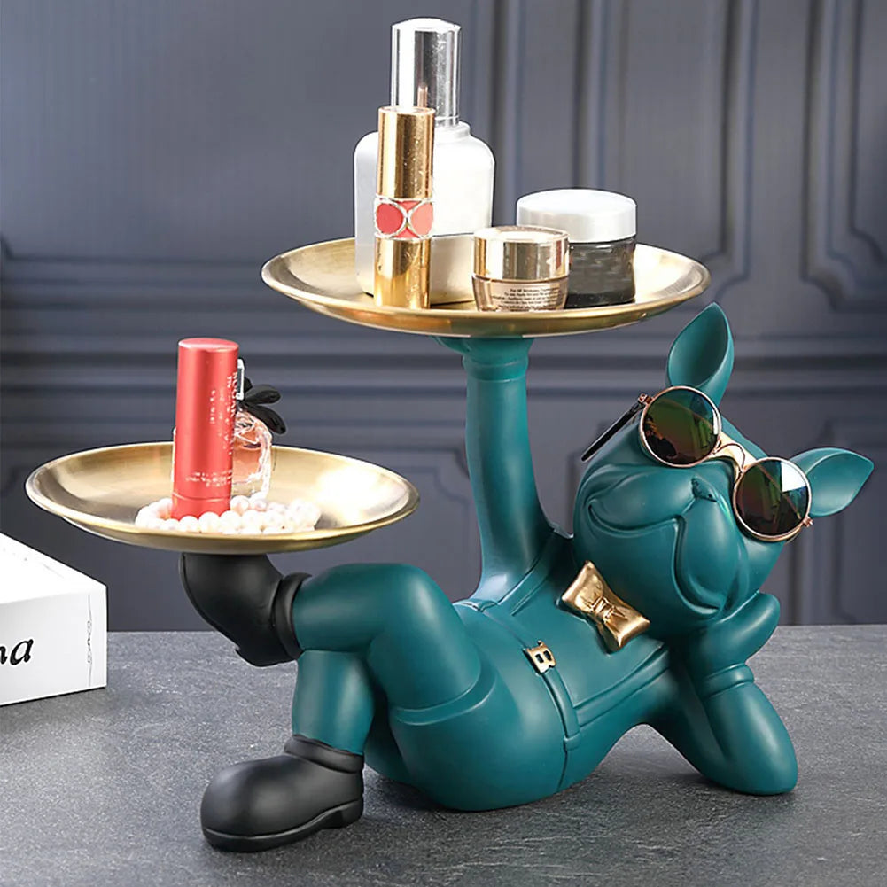Resin Dog Statue Decor Creative Cute with 2 Tray French Bulldog Sculpture Birthday Gifts Bottom Anti-slip for Home Office Wallet