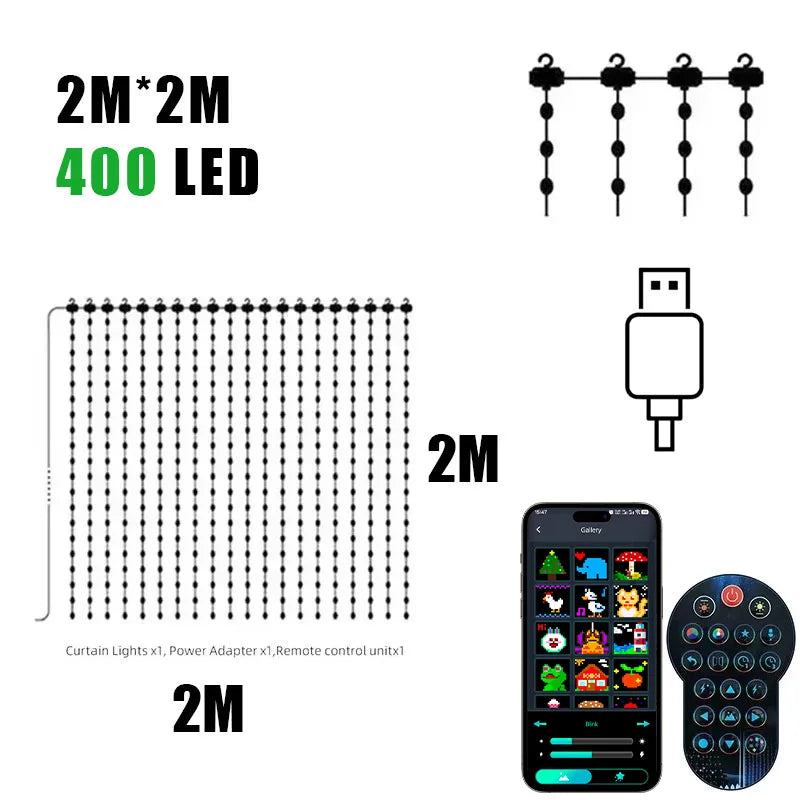 400LEDs Curtain Light String RGB String Lights APP Remote Control Music Sync USB Plug Curtain Light for Room Curtain Decorations