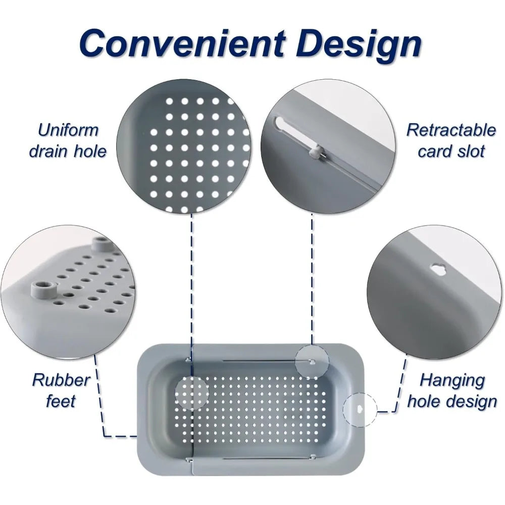 Extendable Sink Colander Strainer Basket - Wash Vegetables and Fruits, Drain Cooked Pasta and Dry Dishes - Adjustable Over the S