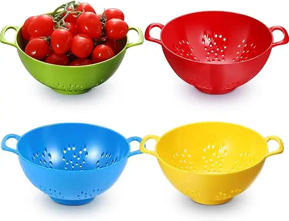 4 Pack Mini Colander for Kitchen Plastic Berry Strainer with Double Handles 7.5 x 6 x 3 Inch Small Colander Strainer for Fruits