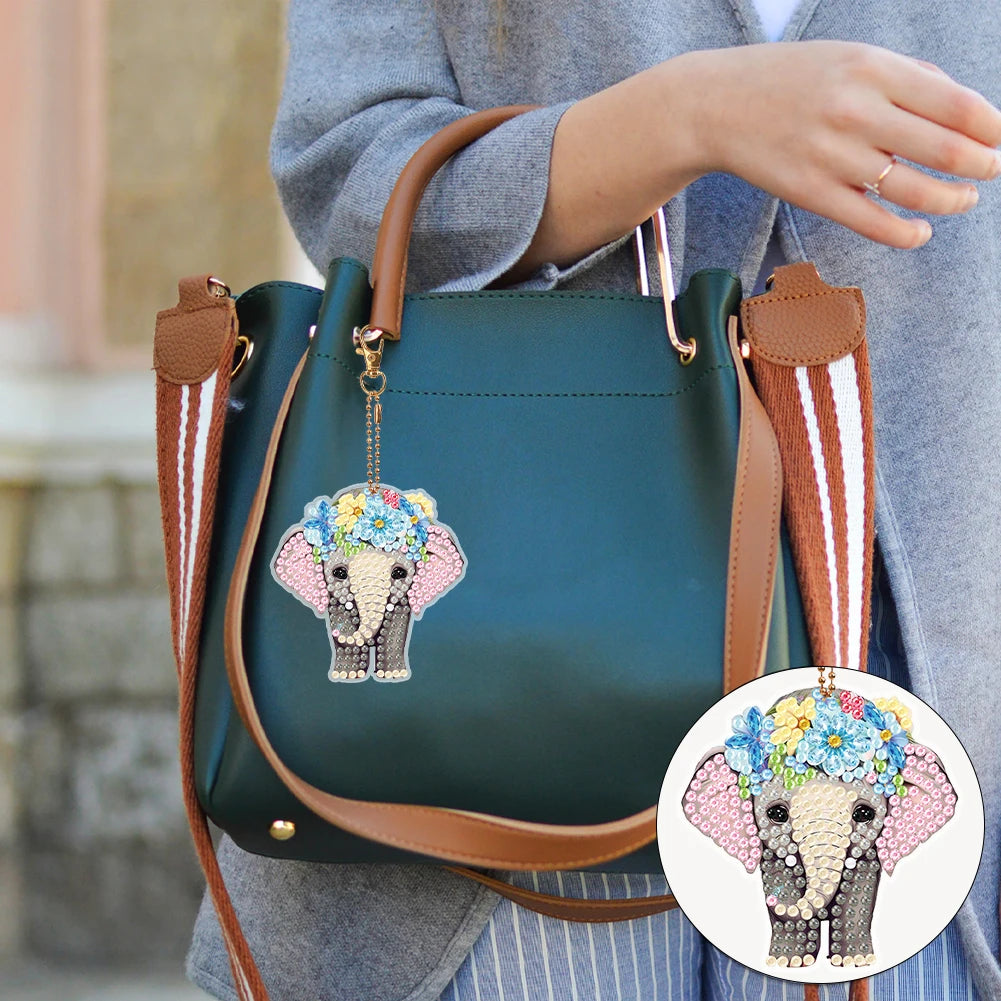 6PCS Double Sided Diamond Art Keyring Baby Elephant Rhinestone Painting Keychain Pendant Puppy for Adult Kid Purse Handbag Decor