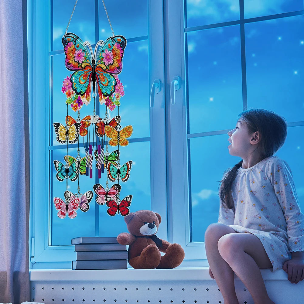 Double Sided Flower Butterflies Hanging Crystal Chime Ornament Wind Chimes DIY Diamond Kits for Garden Window Decor