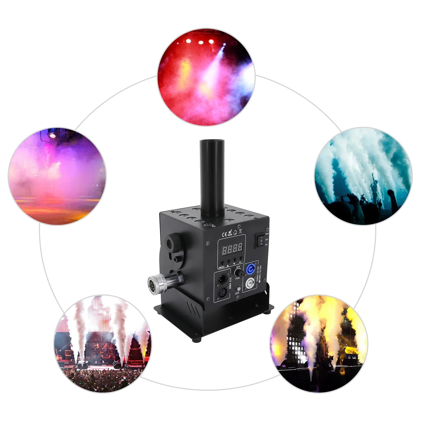 CO2 Fog Machine 110V with 12 LEDs 19.69-26.25ft Jet Effect, DMX Controlled for Parties, Stage, Halloween