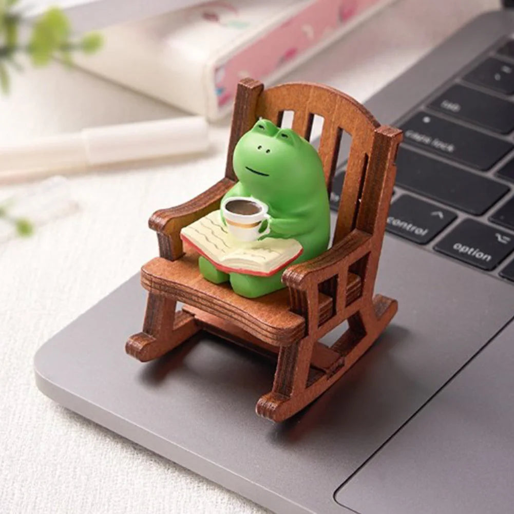 Handmade DIY Micro Rocking Chair Rocking Chair Design with Book Coffee Cute Frog Fat Miniature Home Bedroom Office Decoration