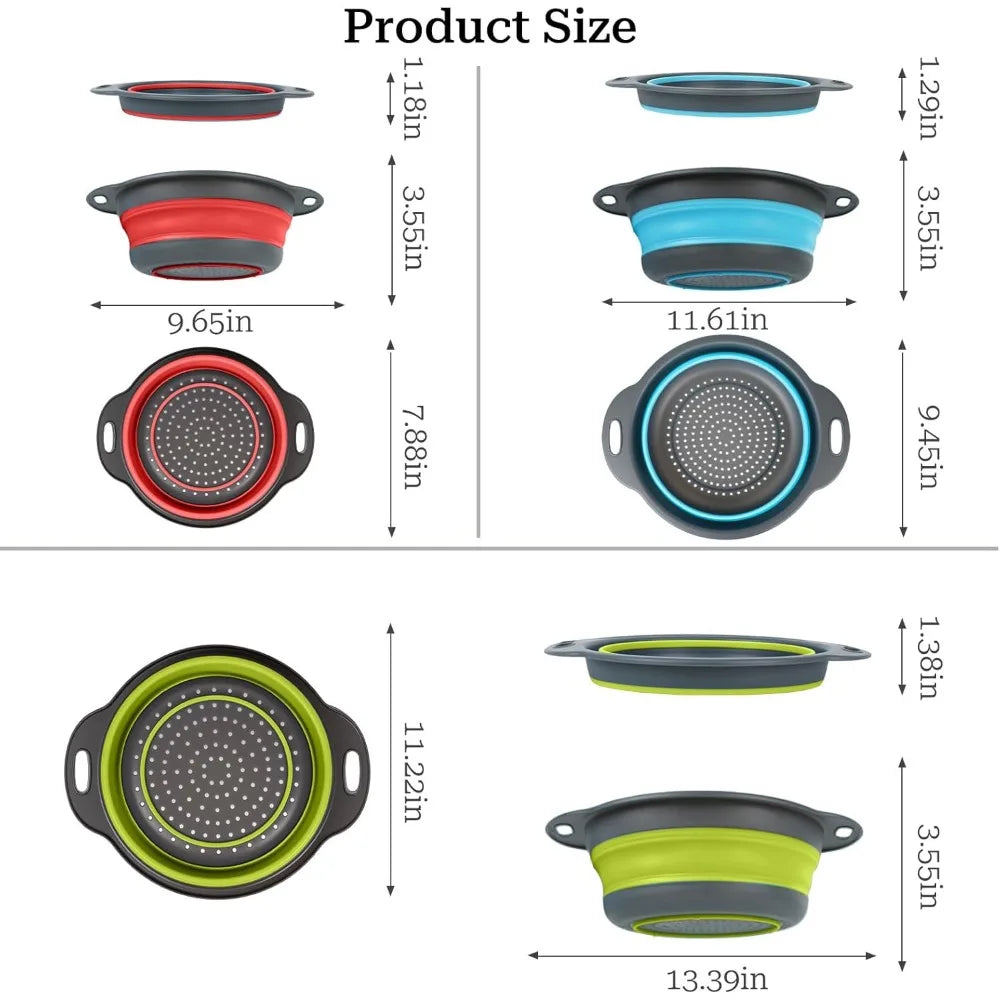 Collapsible Colander 3-Pack Set Space-Saving Foldable Kitchen Strainer with Non-Slip Base Durable Thickened PP+TPE Collapsible S