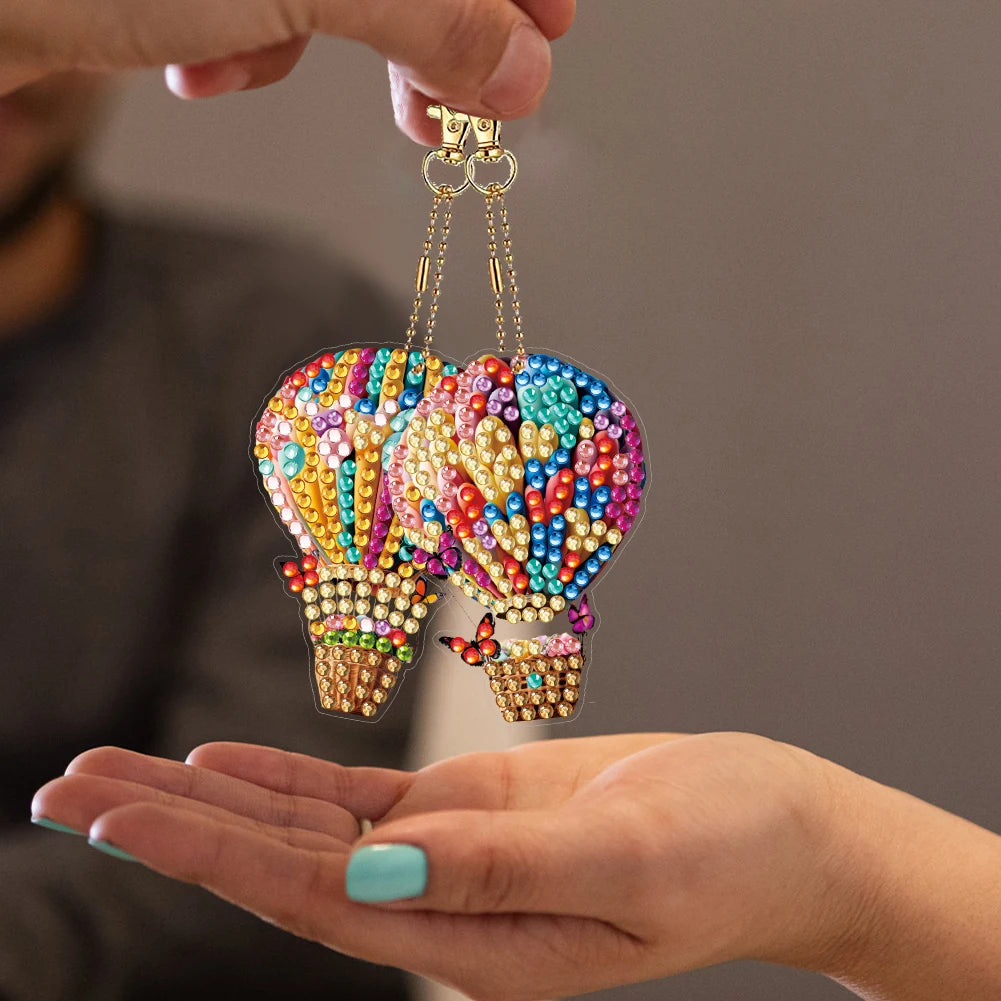 6Pcs Acrylic Double Sided Hot Air Balloon Full Drill Keyring Diamond Painting Art Keychain Pendant for Birthday Party Decor