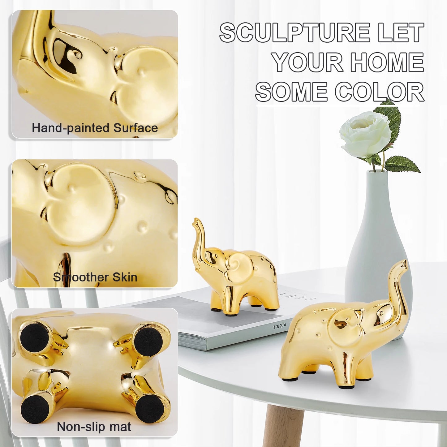 A Pair Golden Resin Elephant Sculpture Craft Elegant Elephant Trunk Sculpture Lucky Wealth Figurine Crafts Ornaments Home Decor