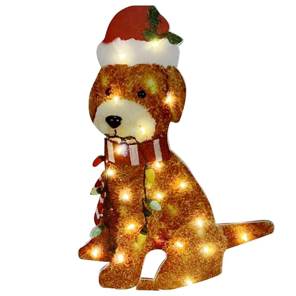 Mimic Dog Shape Sign Waterproof Light Up Puppy Figurine Wearing Xmas Hat Acrylic for Home Garden Front Pathway Walkway