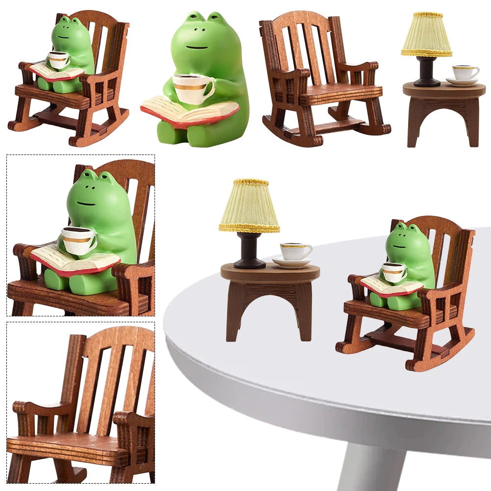 Cute Mini Frog Resin Figurine Cute Healing Small Decoration Rocking Chair Design with Book Coffee Home Office Decor Car Ornament