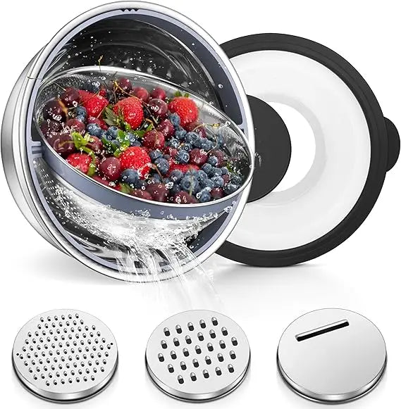 4-1 Colander with Bowl Set, Rotatable Colander for Kitchen, Stainless Steel Food Strainers and Colanders Mixing Bowl with Grate