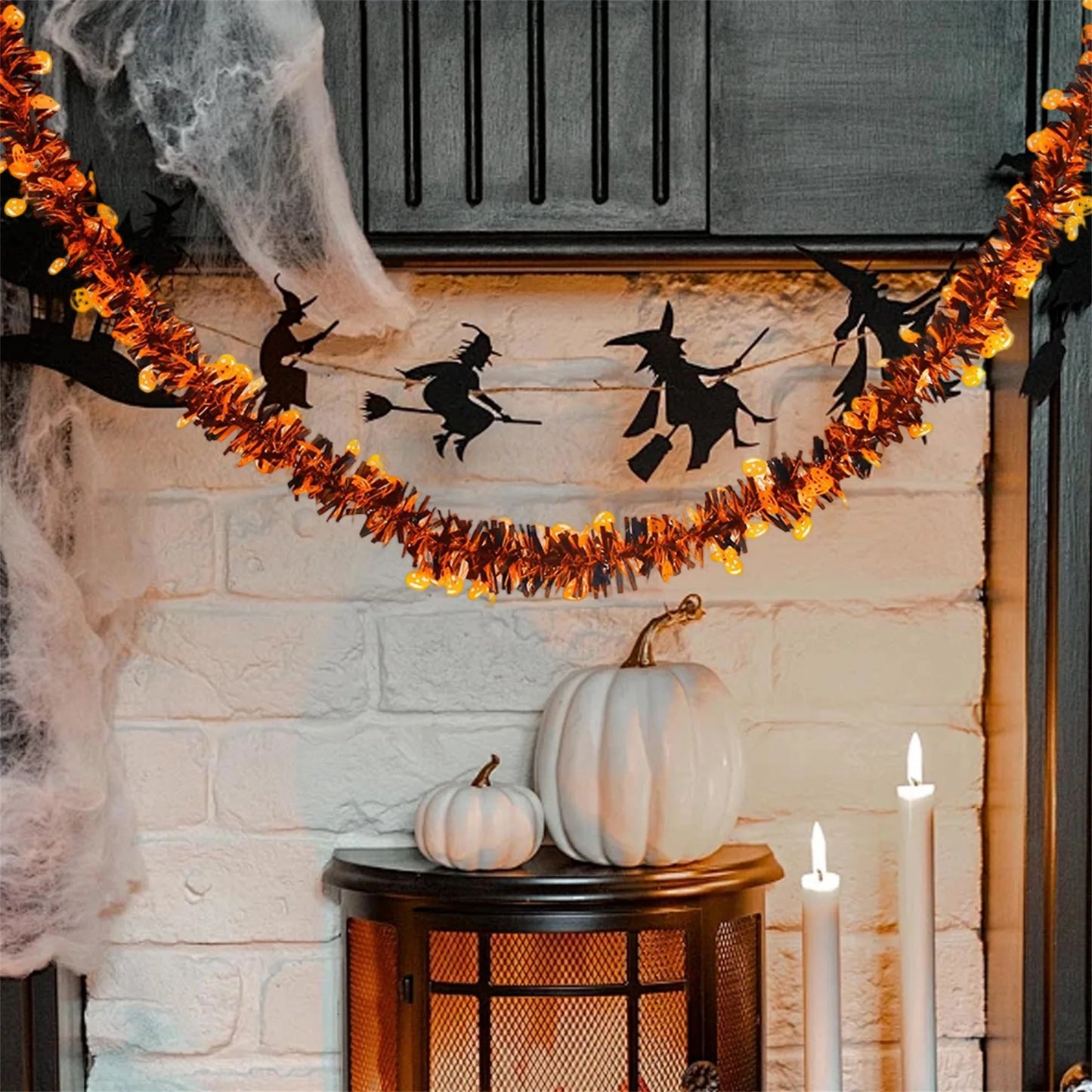 Halloween Spider Web Tinsel Garland with Ghosts Witches Spiders for Mantel Hanging Party Decorations and Wall Art