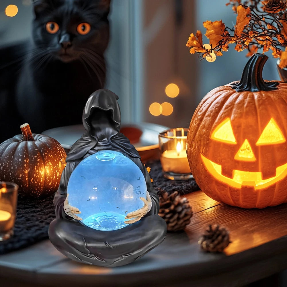 Halloween Gothic Reaper Crystal Ball Grim Reaper Statue with Floating Bats Scary Magical Glowing Balls Home Atmosphere Decor