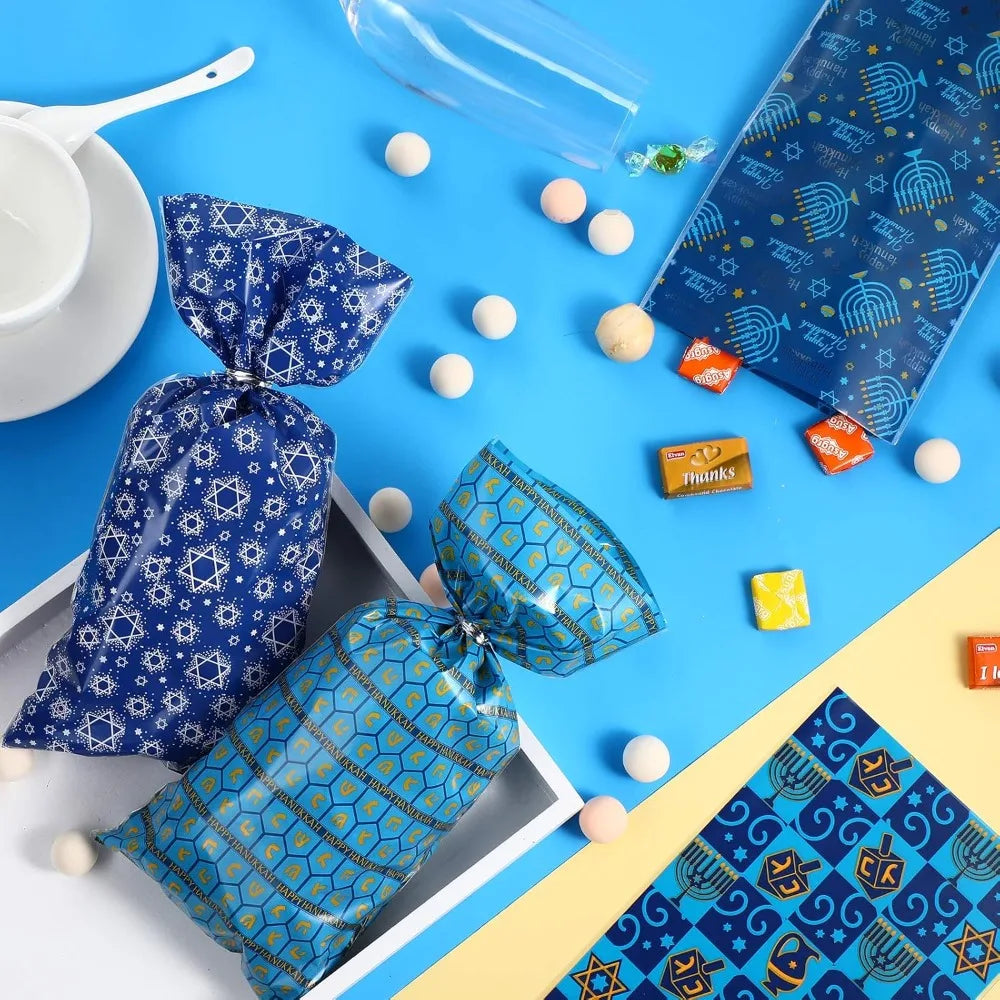 100 pieces hanukkah cellophane treat bags chanukah gift bags blue jewish holiday theme candy present supplies plastic clear goo