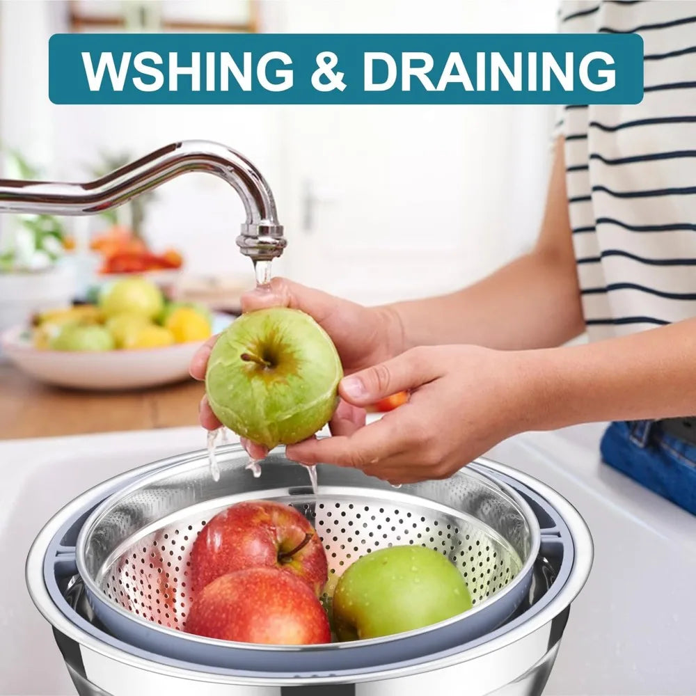 E-far Colander with Mixing Bowl Set, 4-1 Stainless Steel Colander Strainers Bowl with Graters for Kitchen, Rotatable Food Strain