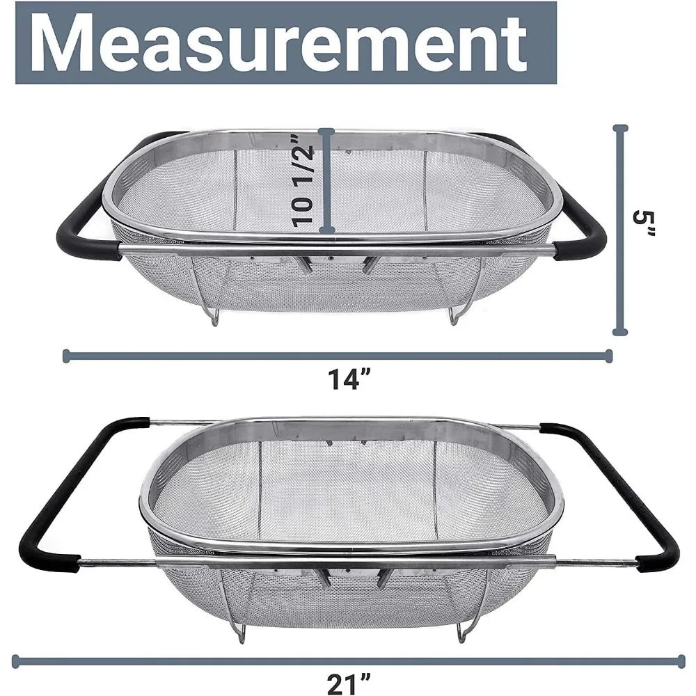 Over the Sink Colander Strainer Basket Stainless Steel, For Kitchen Sink with Rubber Grip, Fine Mesh, Large Kitchen Gadgets Too