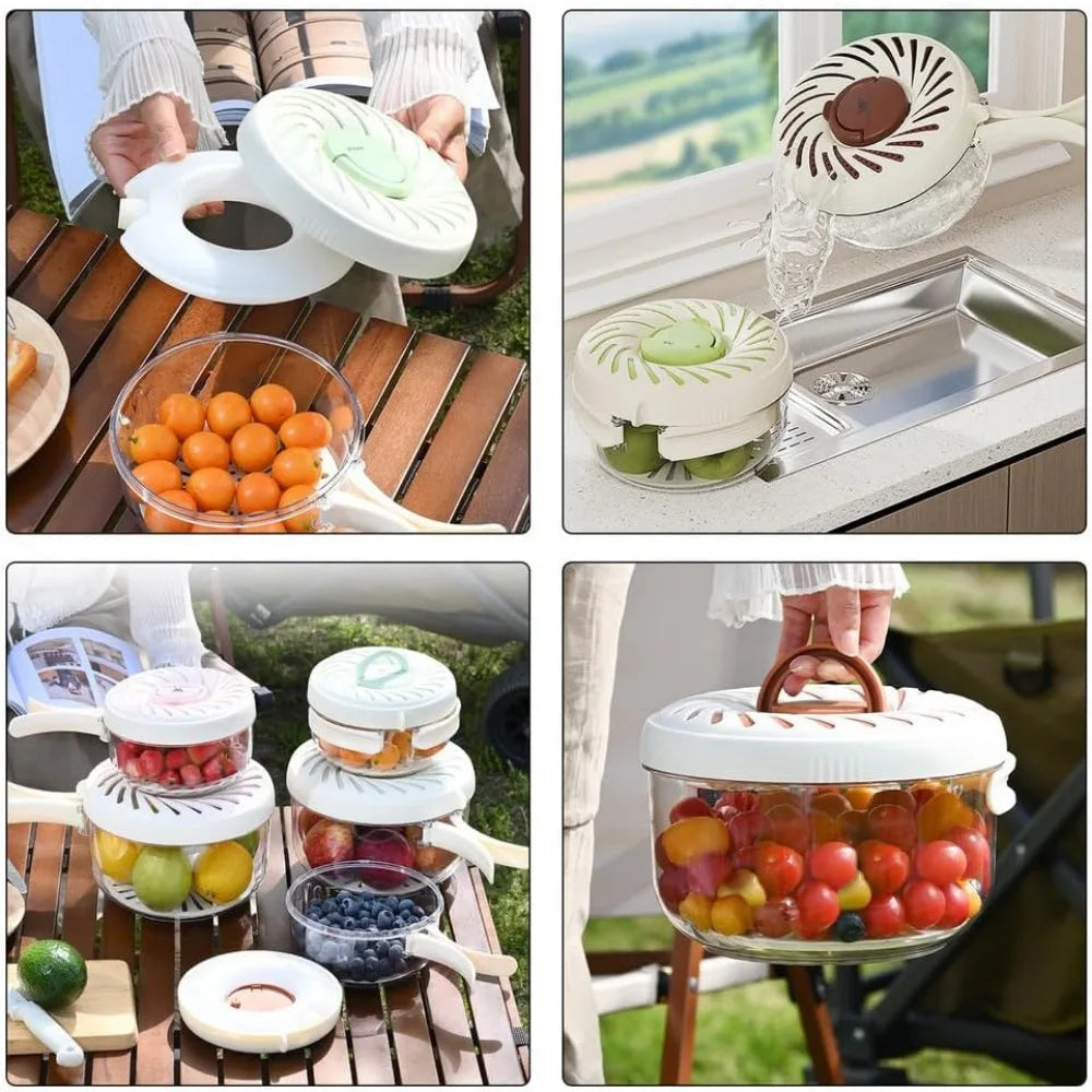 Fruit Washing Bowl with Strainer and ice box, Strainer Container with Lid, 2 in 1 Drain Basket with Foldable Handle, Berry Fruit