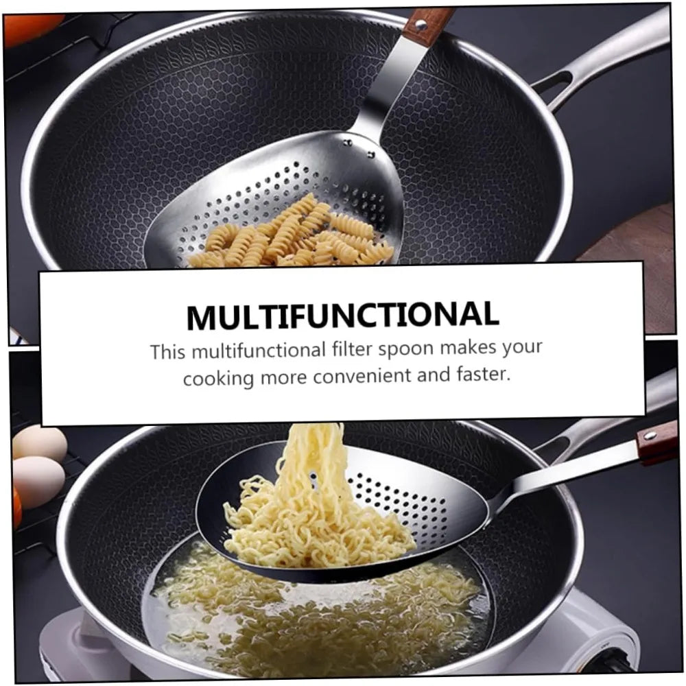 Stainless Steel Slotted Spoon Wooden Handle Food Serving Strainer for Hot Pot and Frying Kitchen Colander for Pasta and Oil Drai