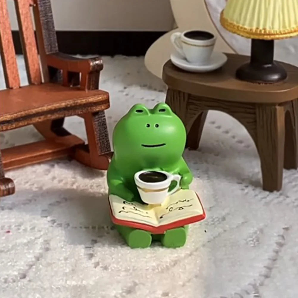 Cute Healing Small Decoration Cute Mini Frog Resin Figurine Rocking Chair Design with Book Coffee Home Office Desktop Crafts