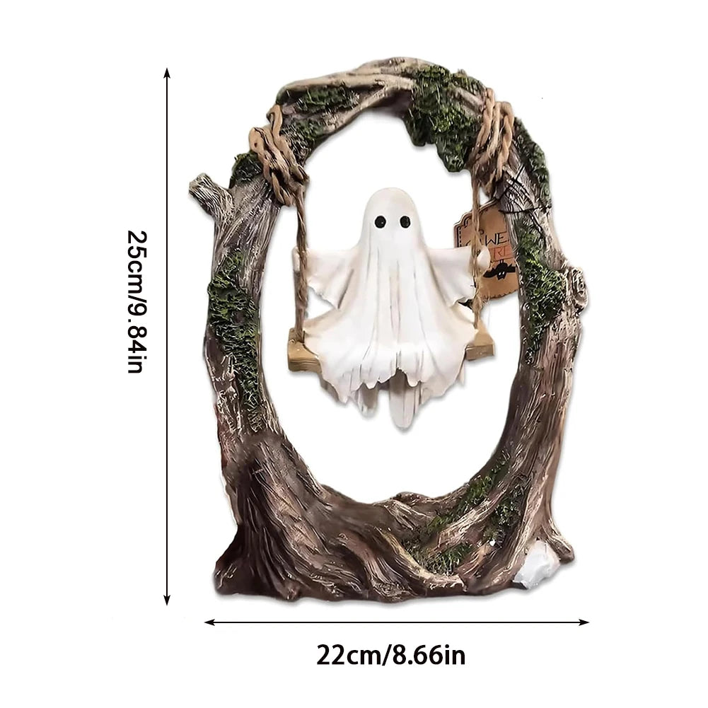 Ghost on Tree Swing Statue Resin Small Ghost Figurine Multi-Purpose Lovely Ghost Decorations for Desktop Bookshelf Decor