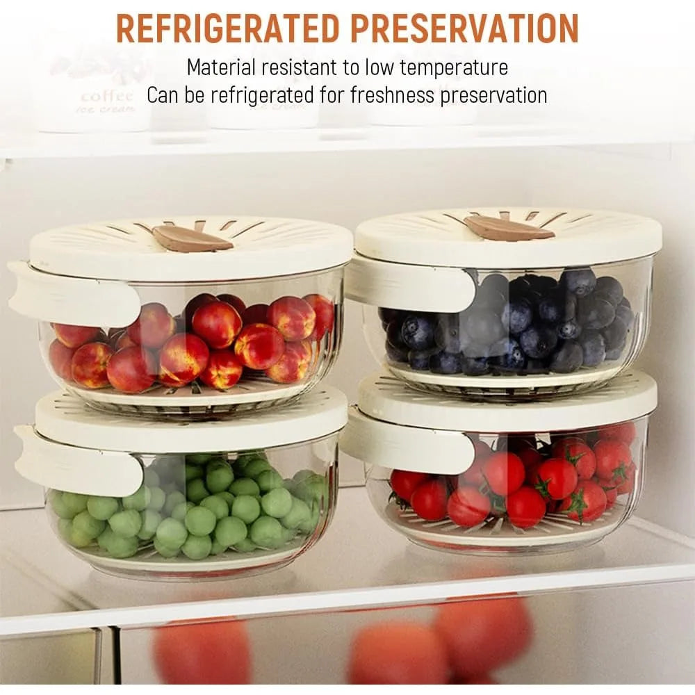 Fruit Storage Containers for Fridge, Bilayer Collapsible Fruit Washing Basket with Cover and Handle, Multifunctional Drain Bowl