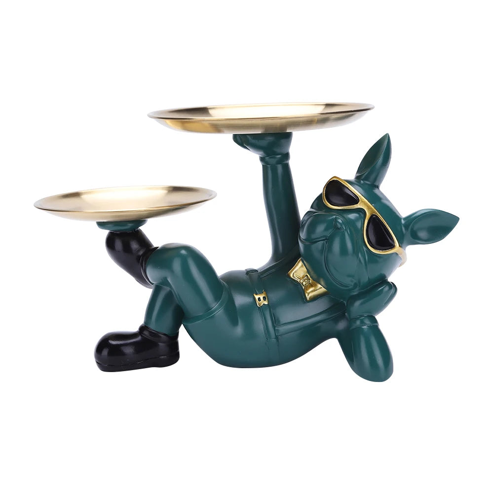 Resin Dog Statue Decor Creative Cute with 2 Tray French Bulldog Sculpture Birthday Gifts Bottom Anti-slip for Home Office Wallet