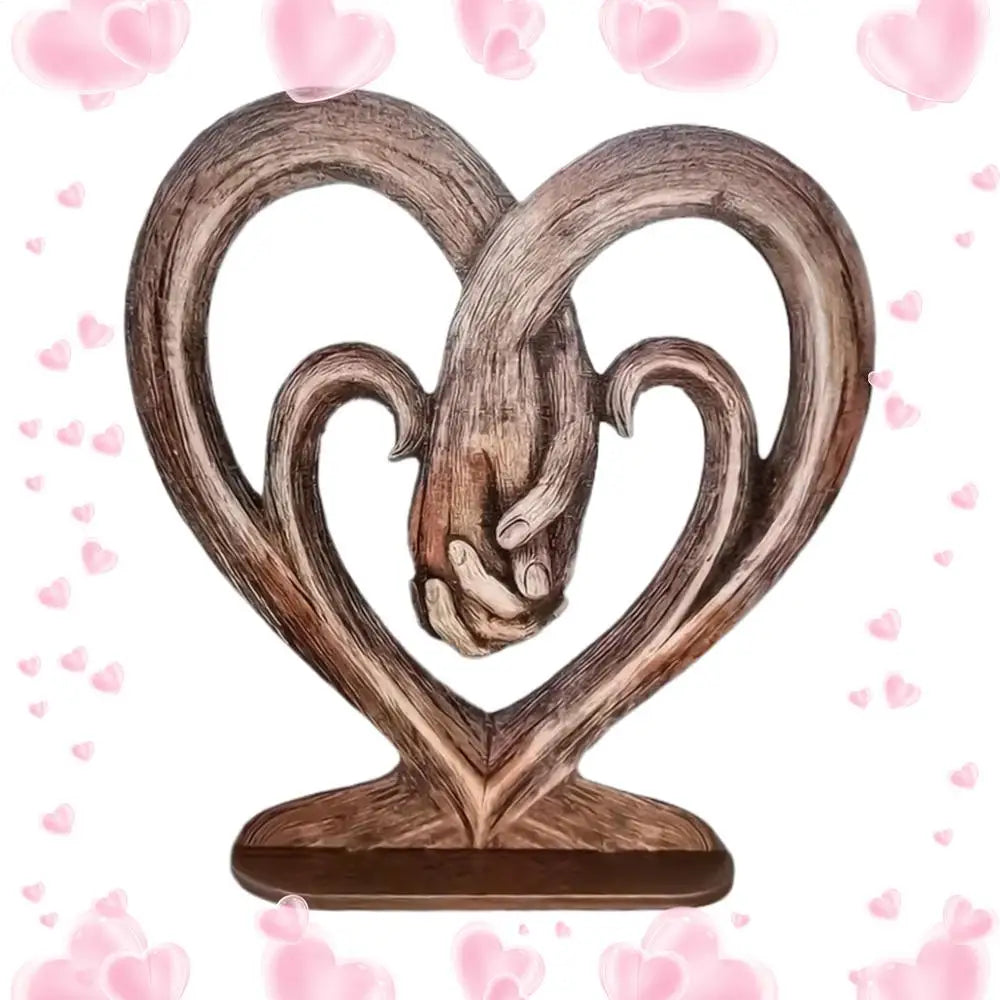 Valentines Day Gift Heart Holding Hands Art Sculpture Desk Decoration Wooden Retro Flat Heart Holding Hands Statue Forever Love