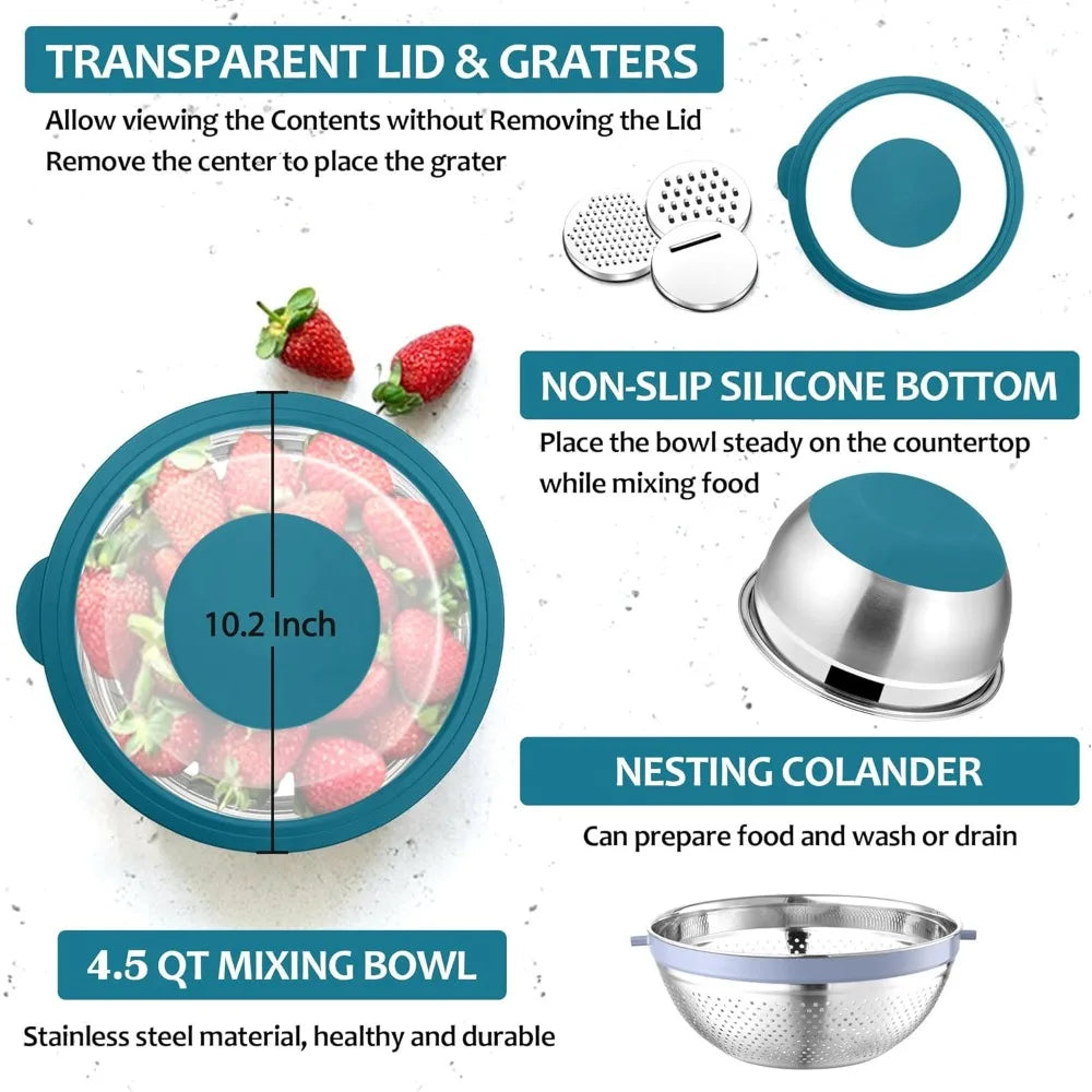 E-far Colander with Mixing Bowl Set, 4-1 Stainless Steel Colander Strainers Bowl with Graters for Kitchen, Rotatable Food Strain