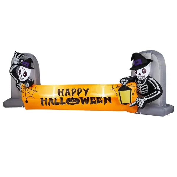 9.6T Halloween Inflatable Skeleton Tombstone Banner, Outdoor Yard Decor with Built-in LEDs