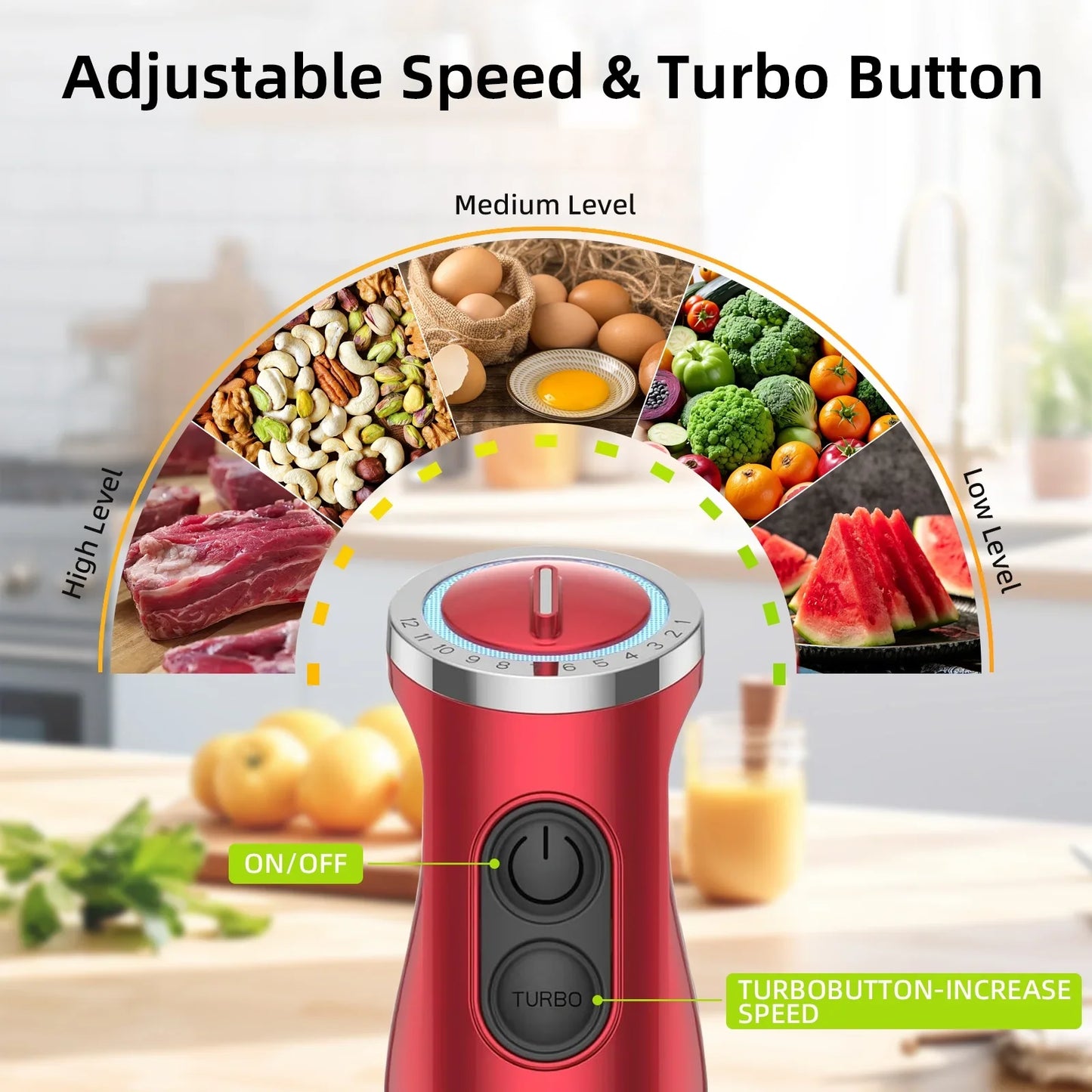 Handheld Kitchen Blender: 5-in-1 1000 Watt Multi-Purpose Hand Blender, 12-Speed Stick Blender for Food, Soups, Purees and Cakes