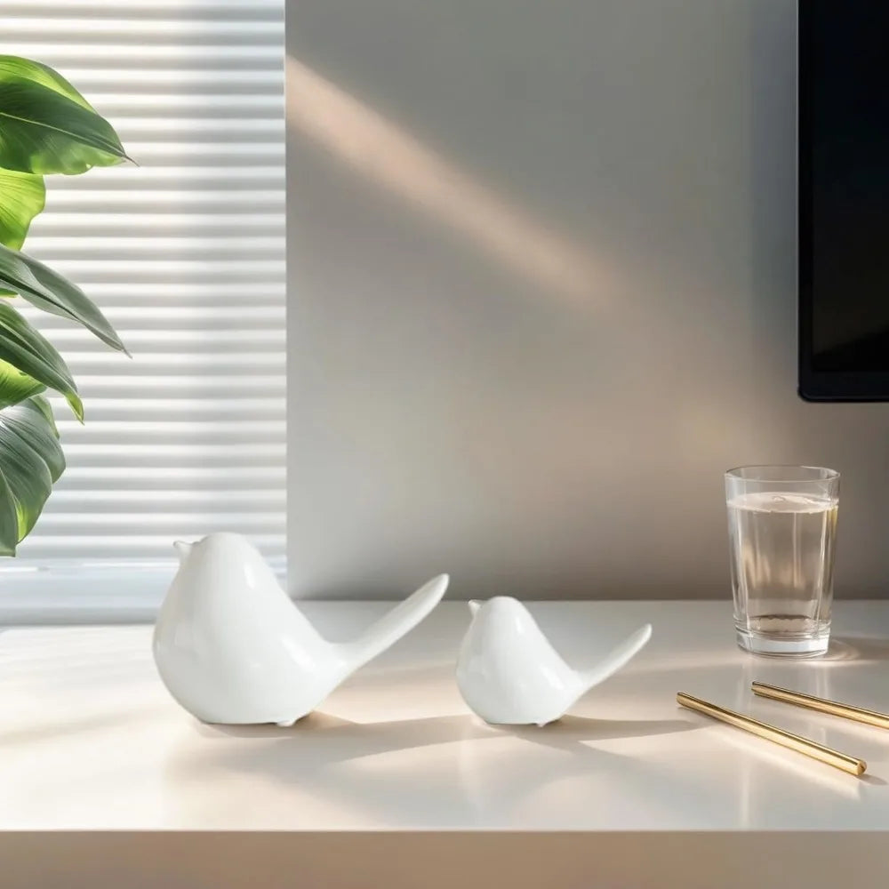2 Pcs Small Animal Statues, White Bird Home Decor, Cute White Fat Bird Modern Home Decorative, Ceramic Decor for Office Desktop