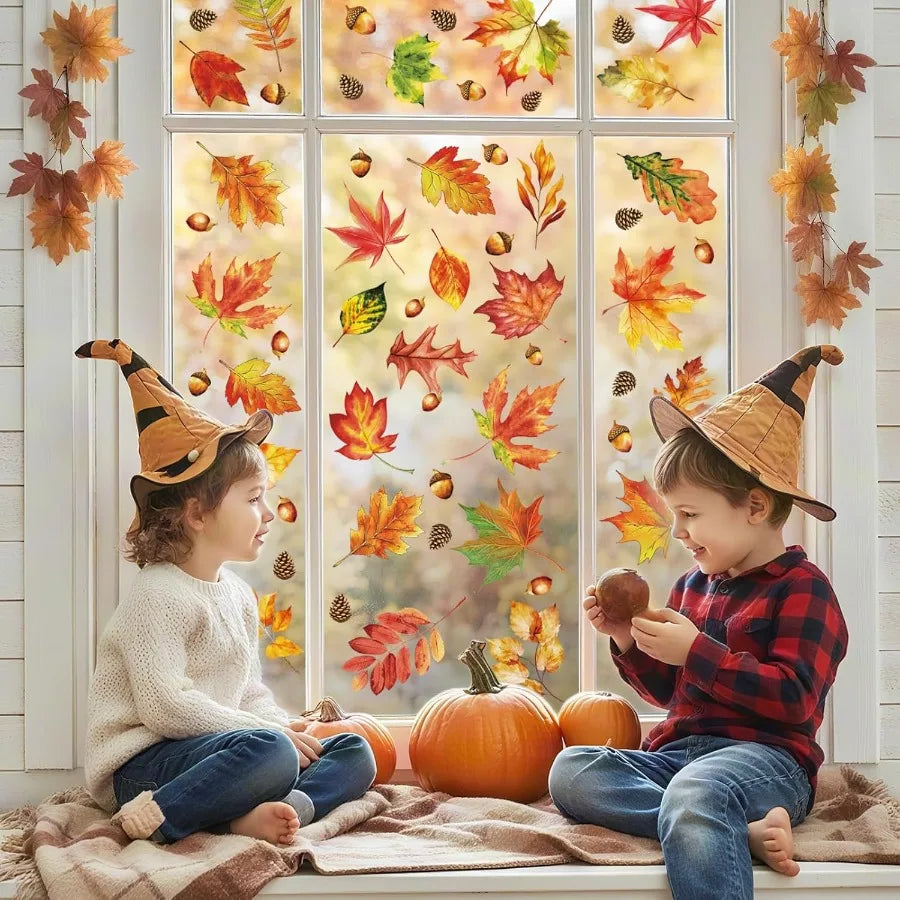 112 Pcs Fall Thanksgiving Window Clings Happy Thanksgiving Glass Window Decorations with Autumn Maple Leaves Stickers and Decal